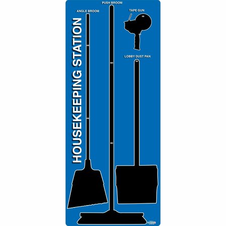 5S SUPPLIES 5S Housekeeping Shadow Board Broom Station Version 7 - Blue Board / Black Shadows  With Broom HSB-V7-BLUE-KIT